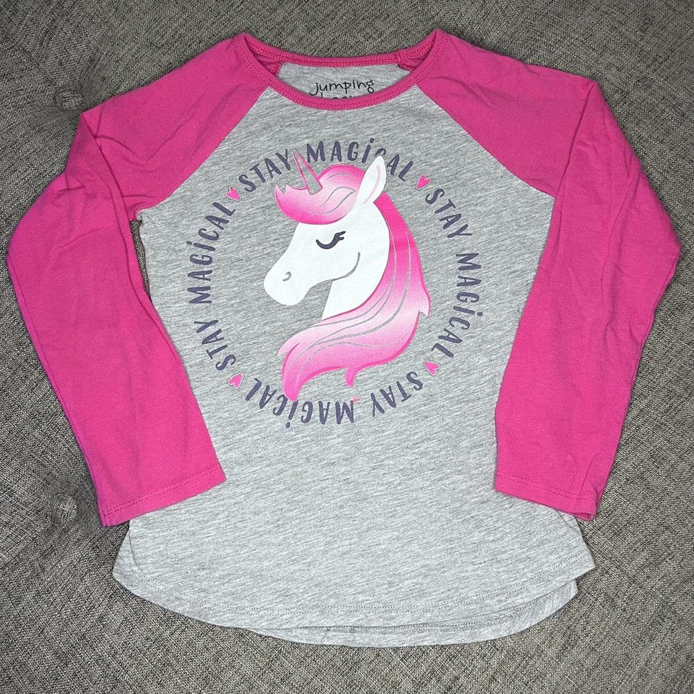 Jumping Beans Girls Long Gray & Pink Sparkle Unicorn Tee Shirt 5